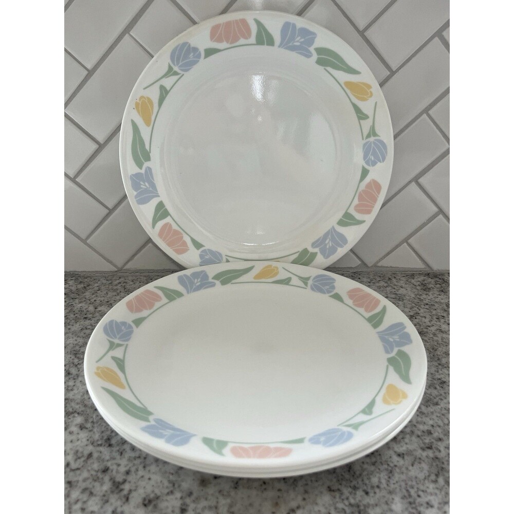 Vintage Corelle Friendship Blue Pink Yellow Tulip Dinner Plates Set of 4 USA